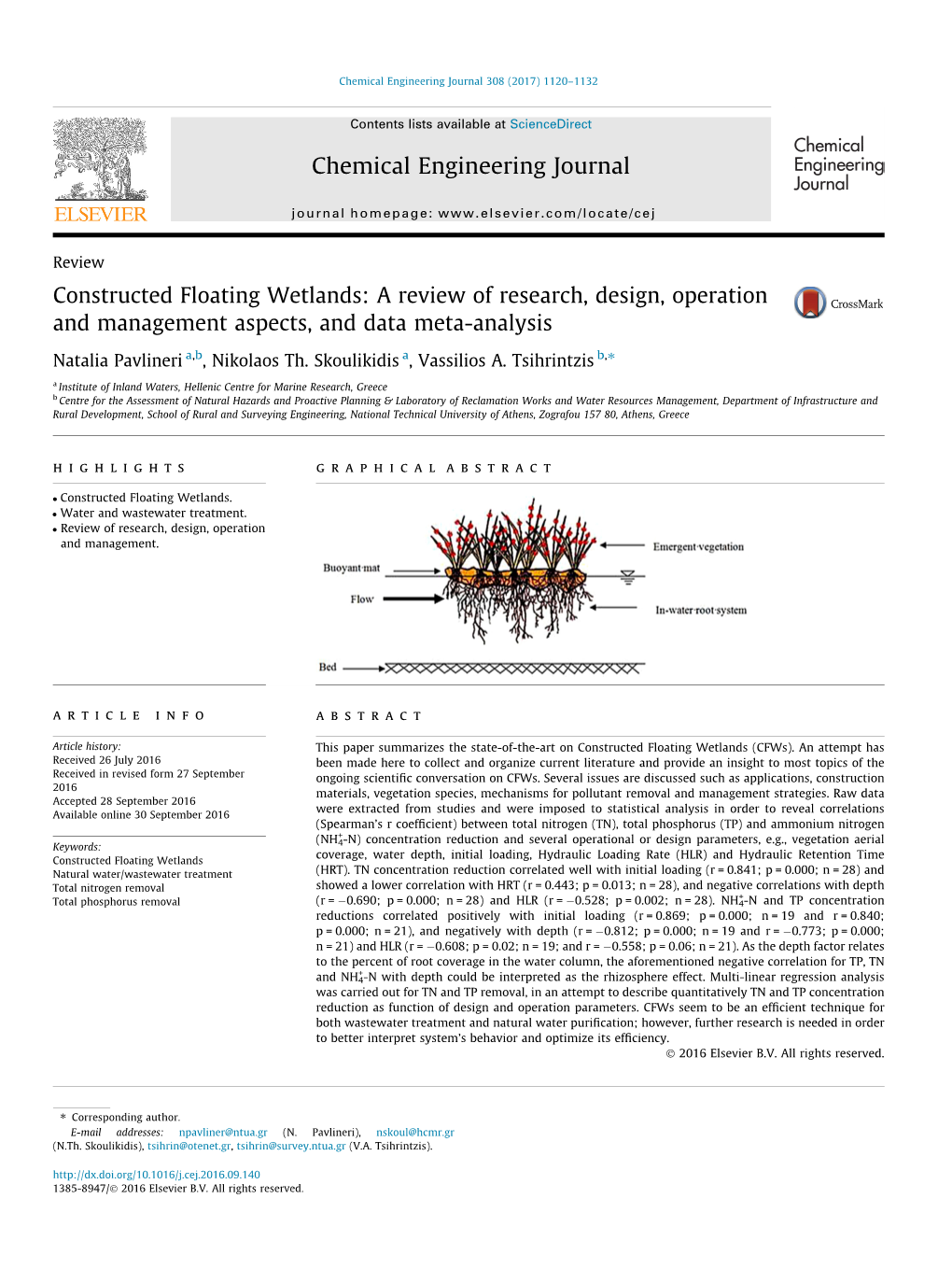 Constructed Floating Wetlands: a Review of Research, Design, Operation and Management Aspects, and Data Meta-Analysis ⇑ Natalia Pavlineri A,B, Nikolaos Th