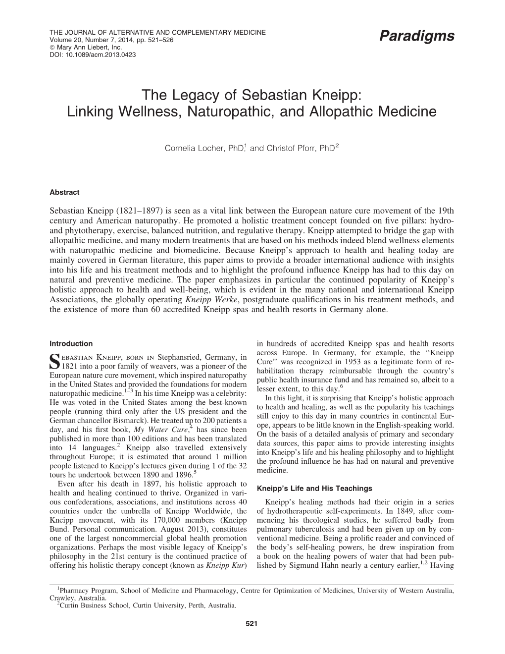 The Legacy of Sebastian Kneipp: Linking Wellness, Naturopathic, and Allopathic Medicine