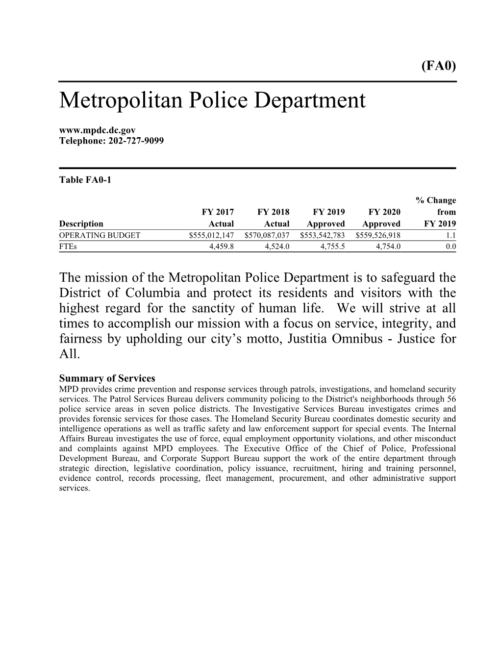 Metropolitan Police Department Telephone: 202-727-9099