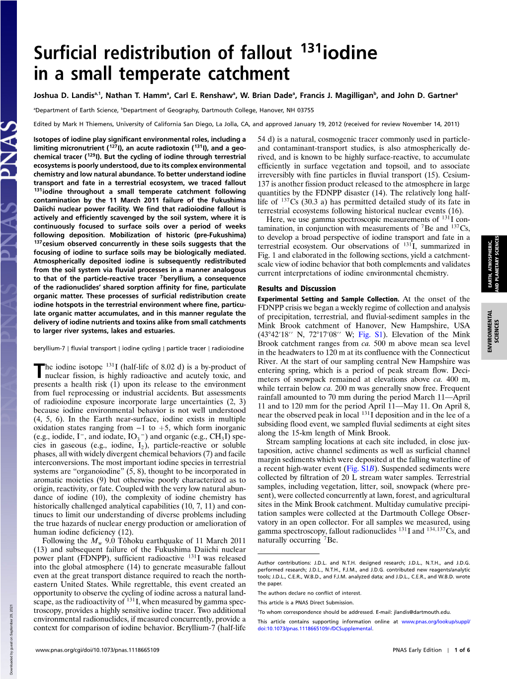 Surficial Redistribution of Fallout Iodine in a Small Temperate Catchment