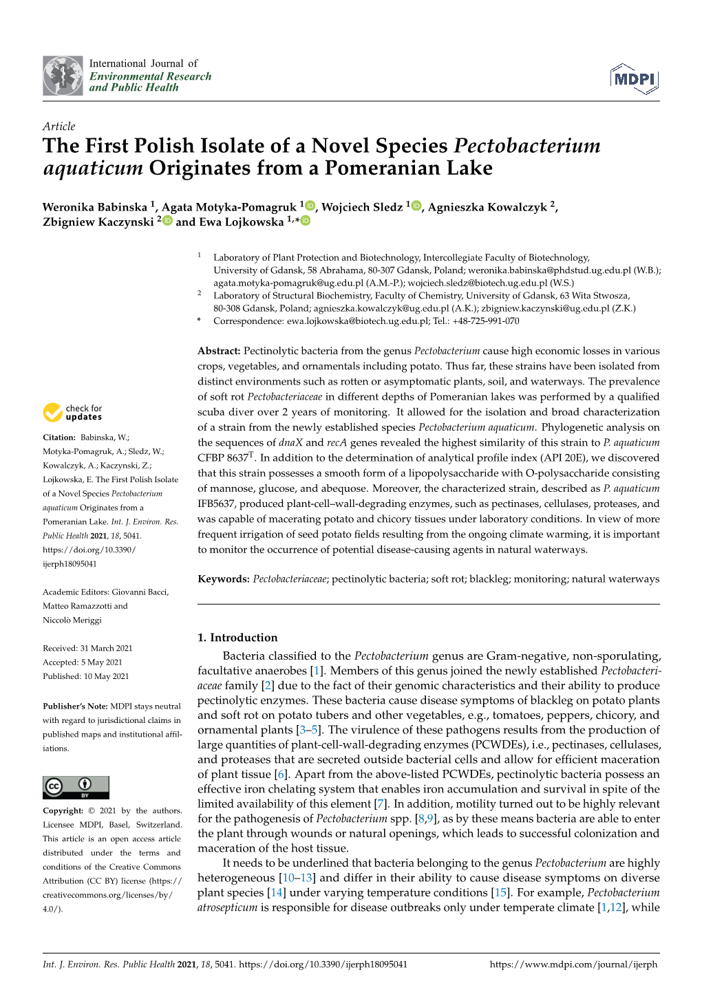 The First Polish Isolate of a Novel Species Pectobacterium Aquaticum Originates from a Pomeranian Lake