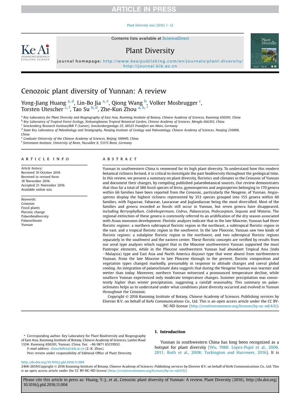 Cenozoic Plant Diversity of Yunnan: a Review