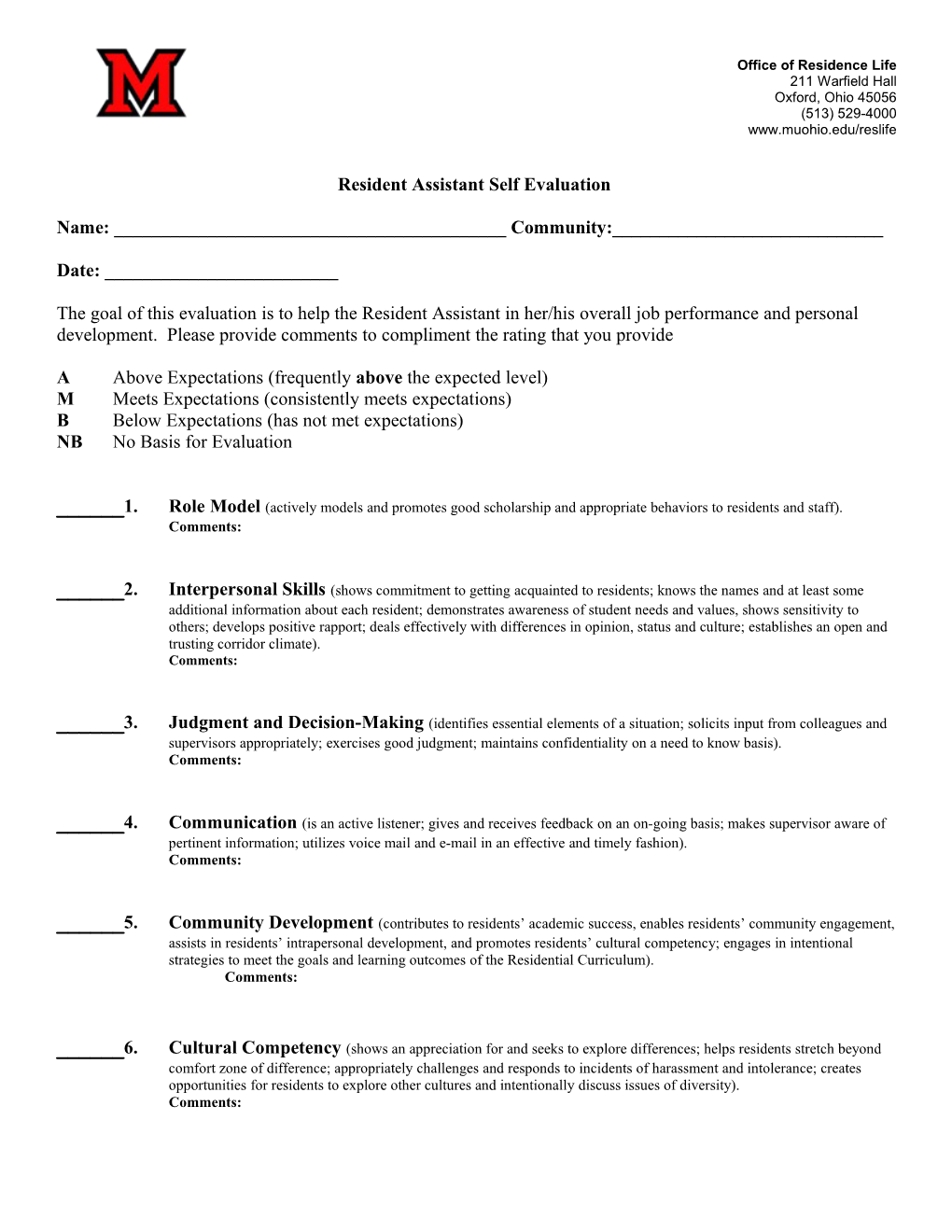 Resident Assistant Evaluation Form