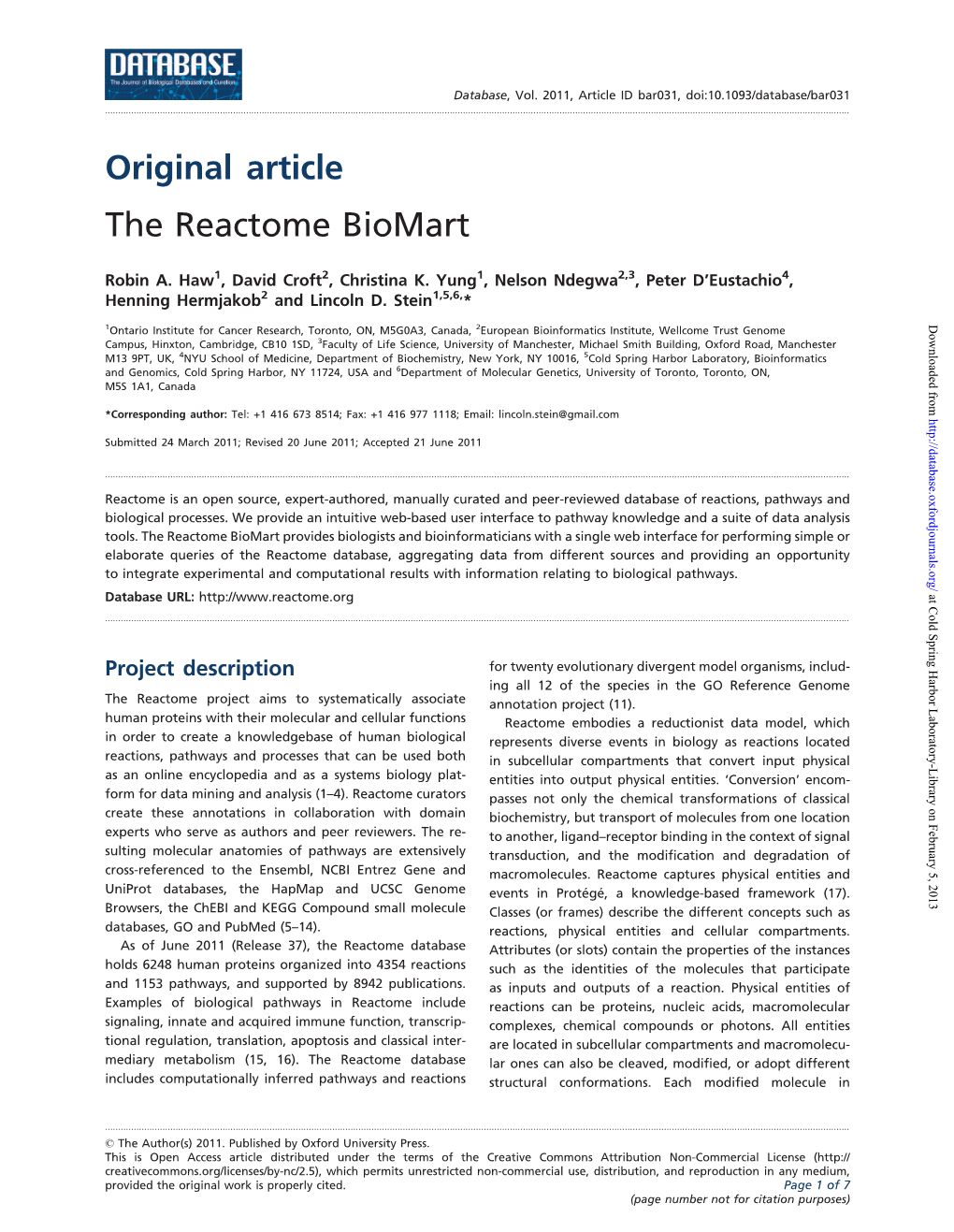 Original Article the Reactome Biomart