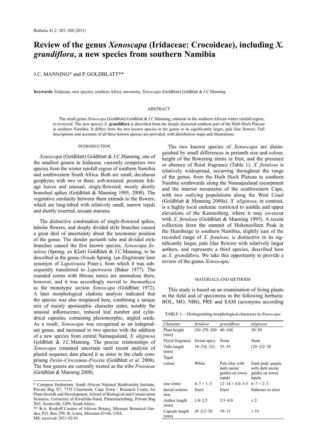 Review of the Genus Xenoscapa (Iridaceae: Crocoideae), Including X. Grandiflora, a New Species from Southern Namibia