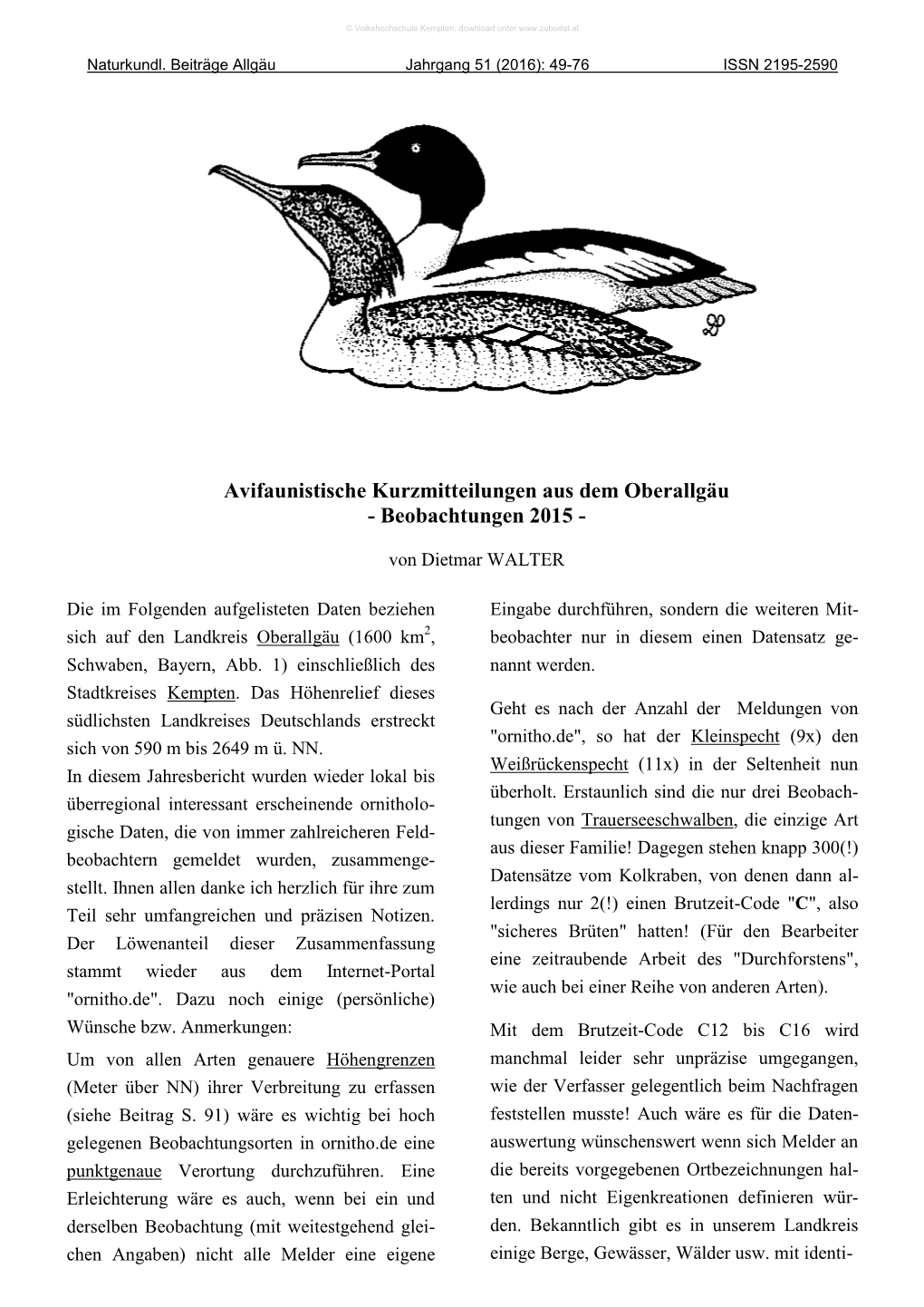 Avifaunistische Kurzmitteilungen Aus Dem Oberallgäu - Beobachtungen 2015