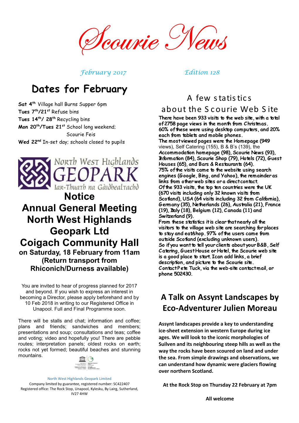 Dates for February Notice Annual General Meeting North West Highlands Geopark Ltd Coigach Community Hall