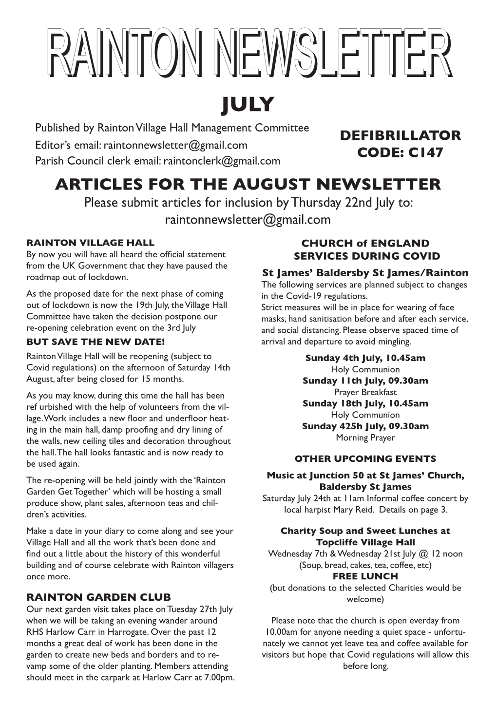 Rainton Newsletter Rainton Newsletter