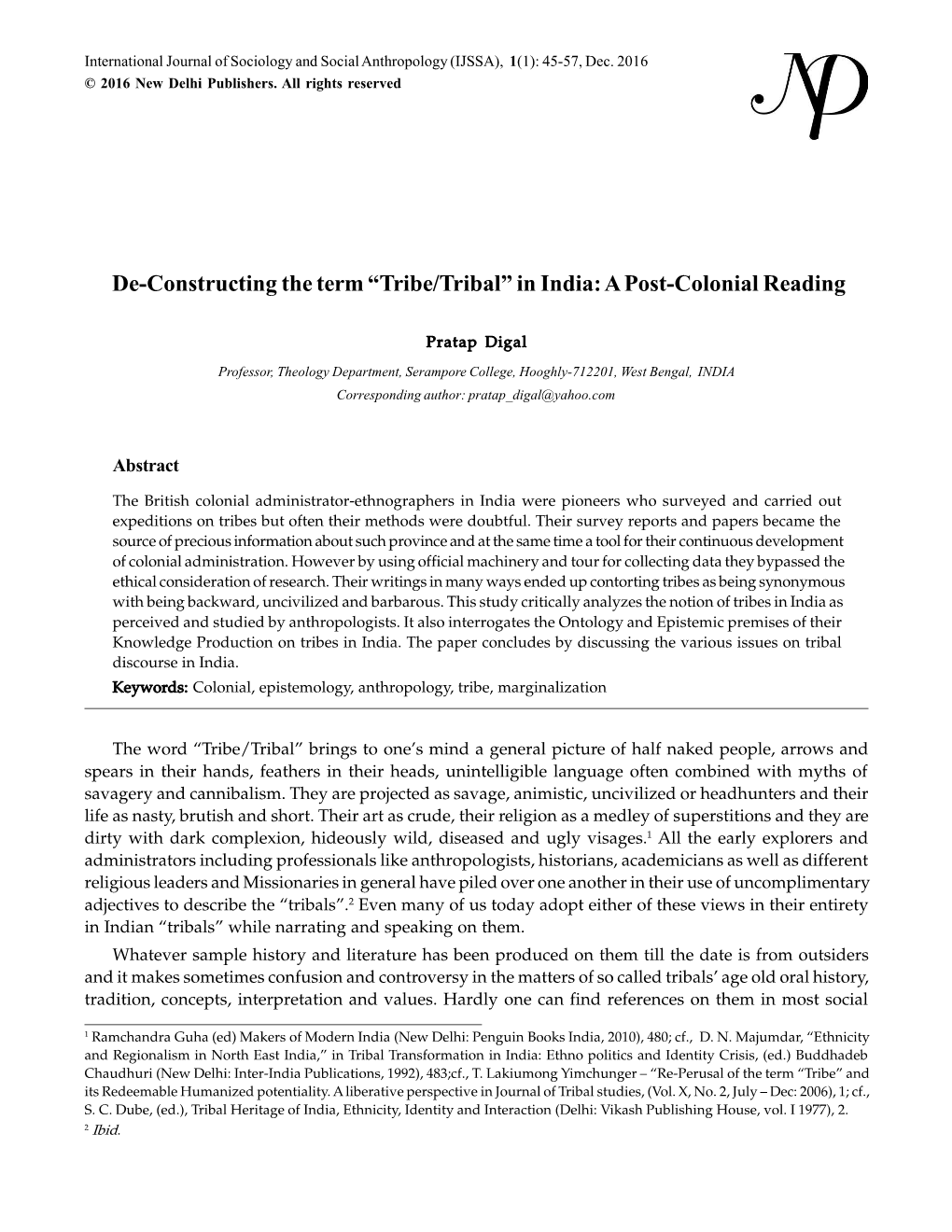 Tribe/Tribal” in India: a Post-Colonial Reading