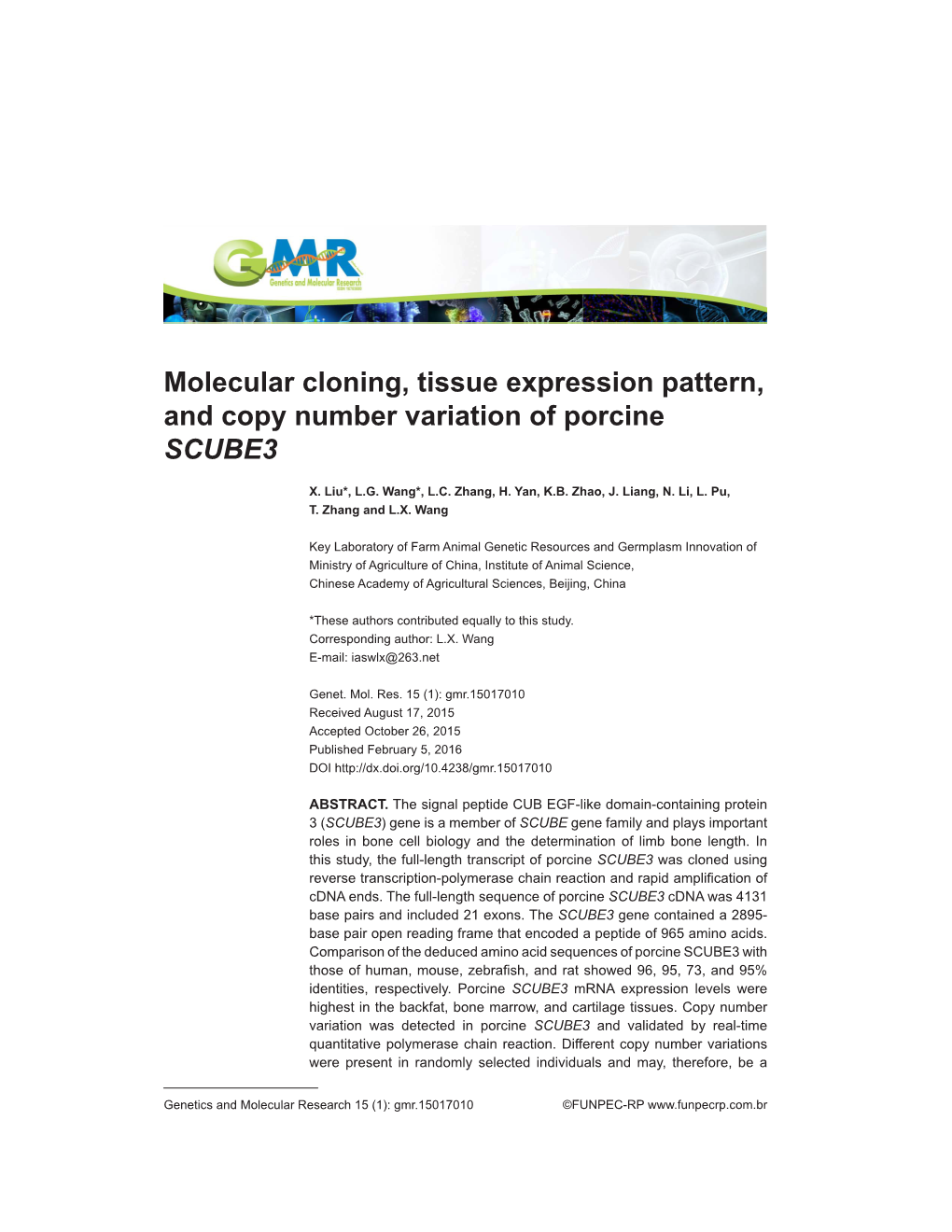 Molecular Cloning, Tissue Expression Pattern, and Copy Number Variation of Porcine SCUBE3