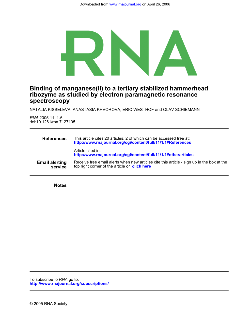 Spectroscopy Ribozyme As Studied by Electron Paramagnetic Resonance