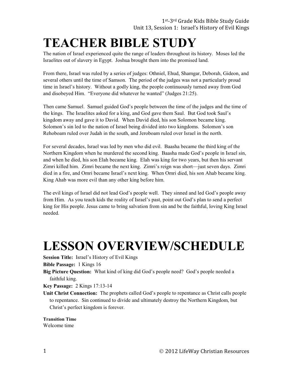 Teacher Bible Study Lesson Overview/Schedule