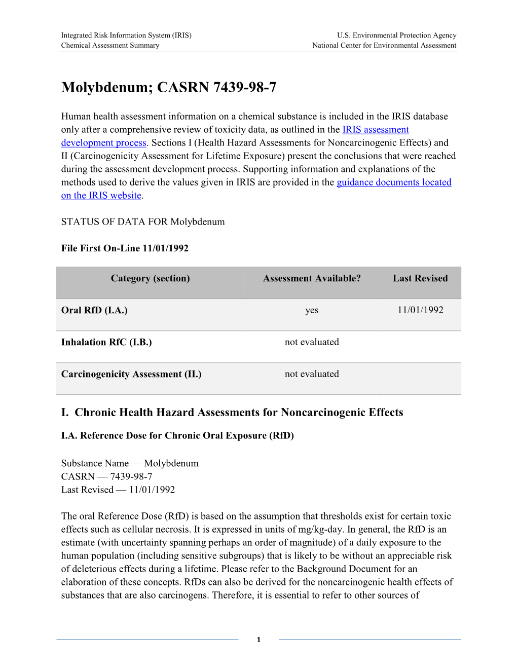 Molybdenum; CASRN 7439-98-7