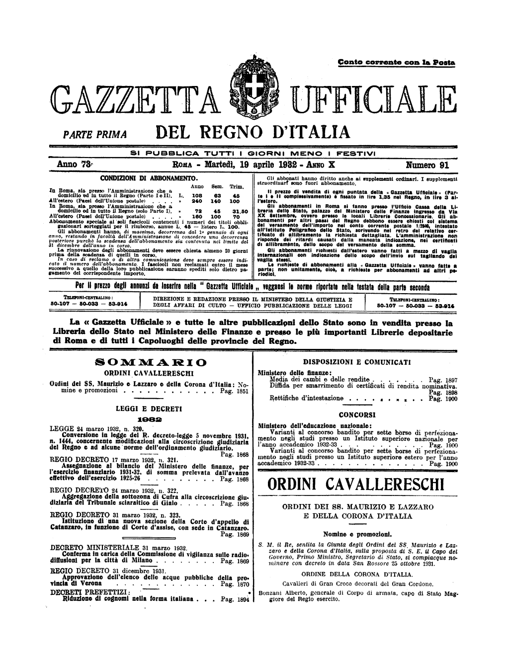 Gazzetta Ufficiale Del Regno D'italia N. 091 Del 19 Aprile 1932 Parte Prima