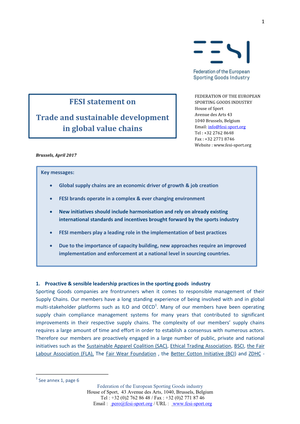 FESI Statement on Sustainable Global Value Chains