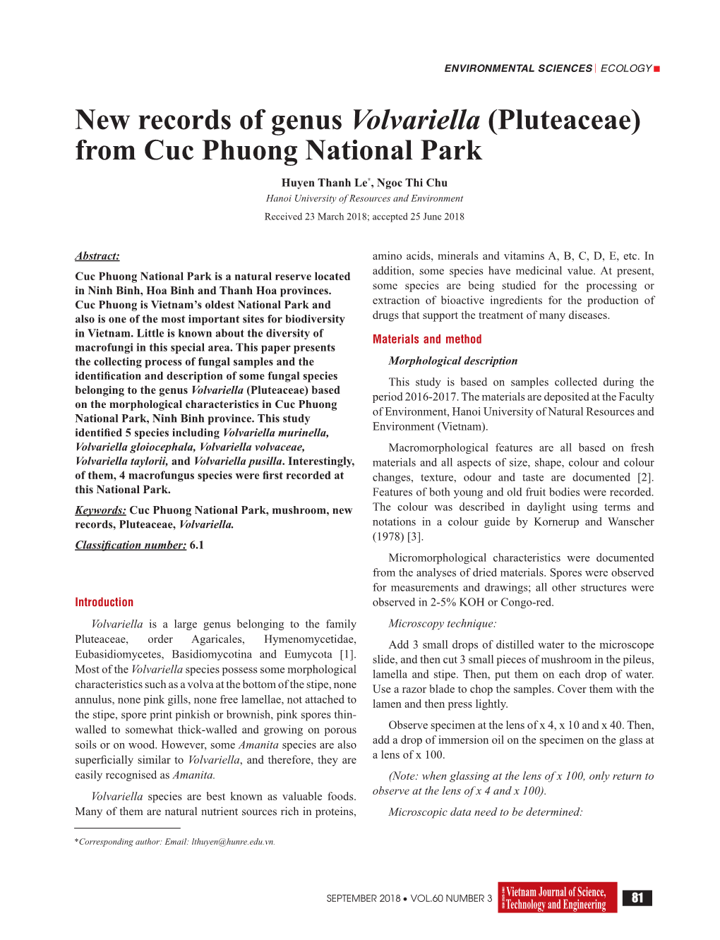 New Records of Genus Volvariella (Pluteaceae) from Cuc Phuong National Park