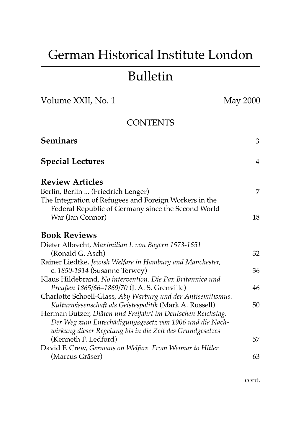German Historical Institute London Bulletin Vol 22 (2000), No. 1