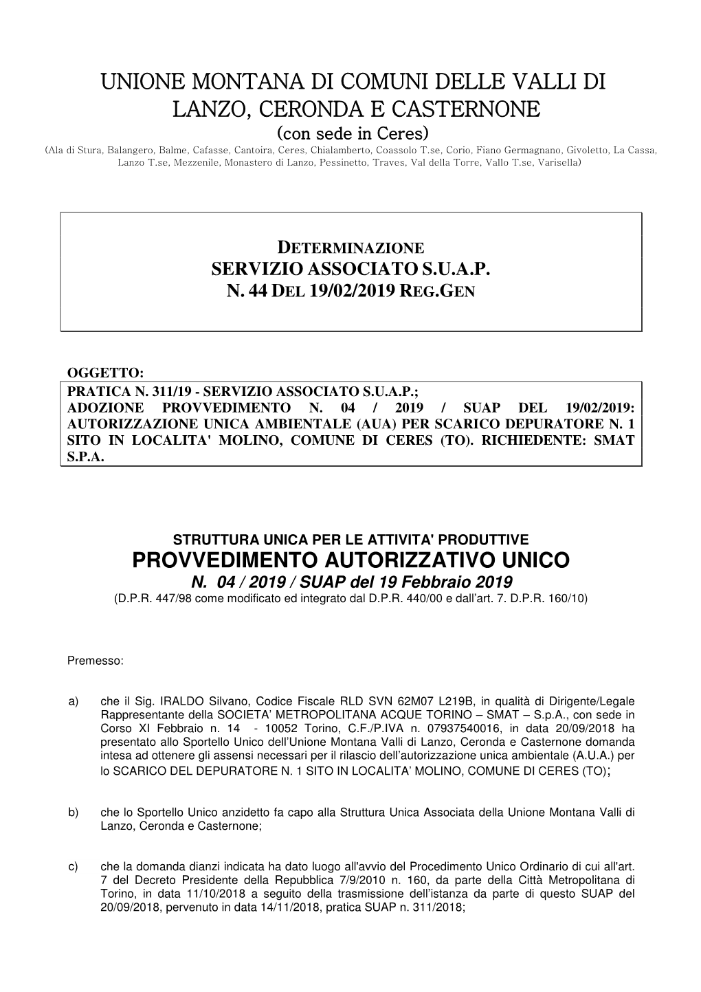 Unione Montana Di Comuni Delle Valli Di Lanzo, Ceronda E Casternone Provvedimento Autorizzativo Unico