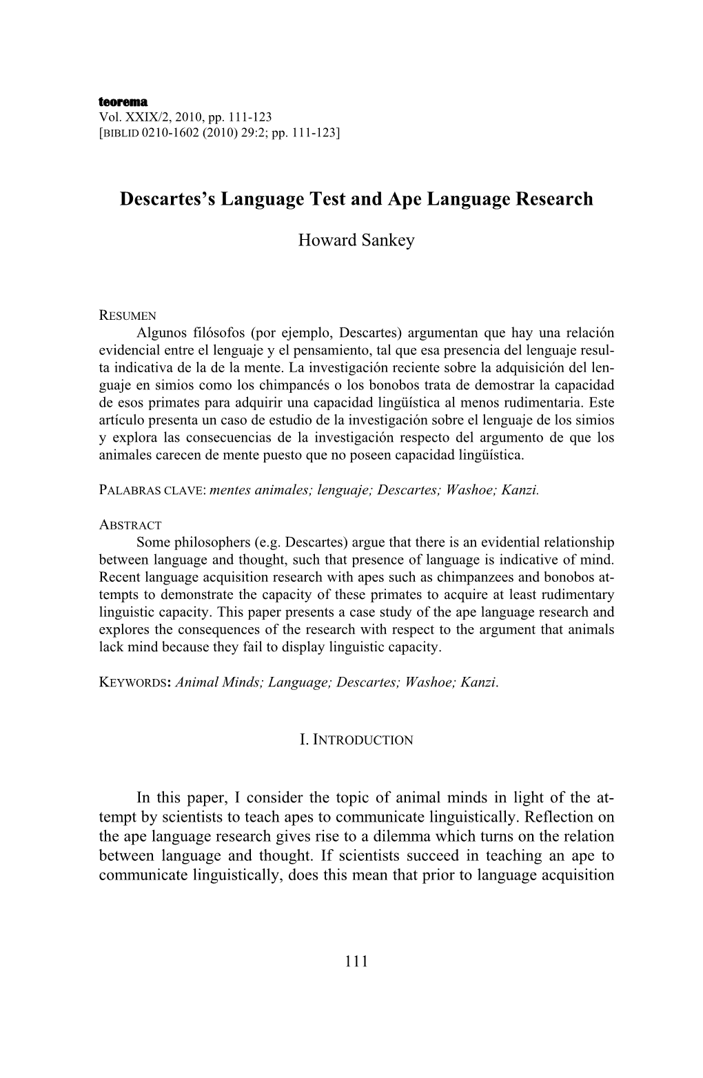 Descartes's Language Test and Ape Language Research
