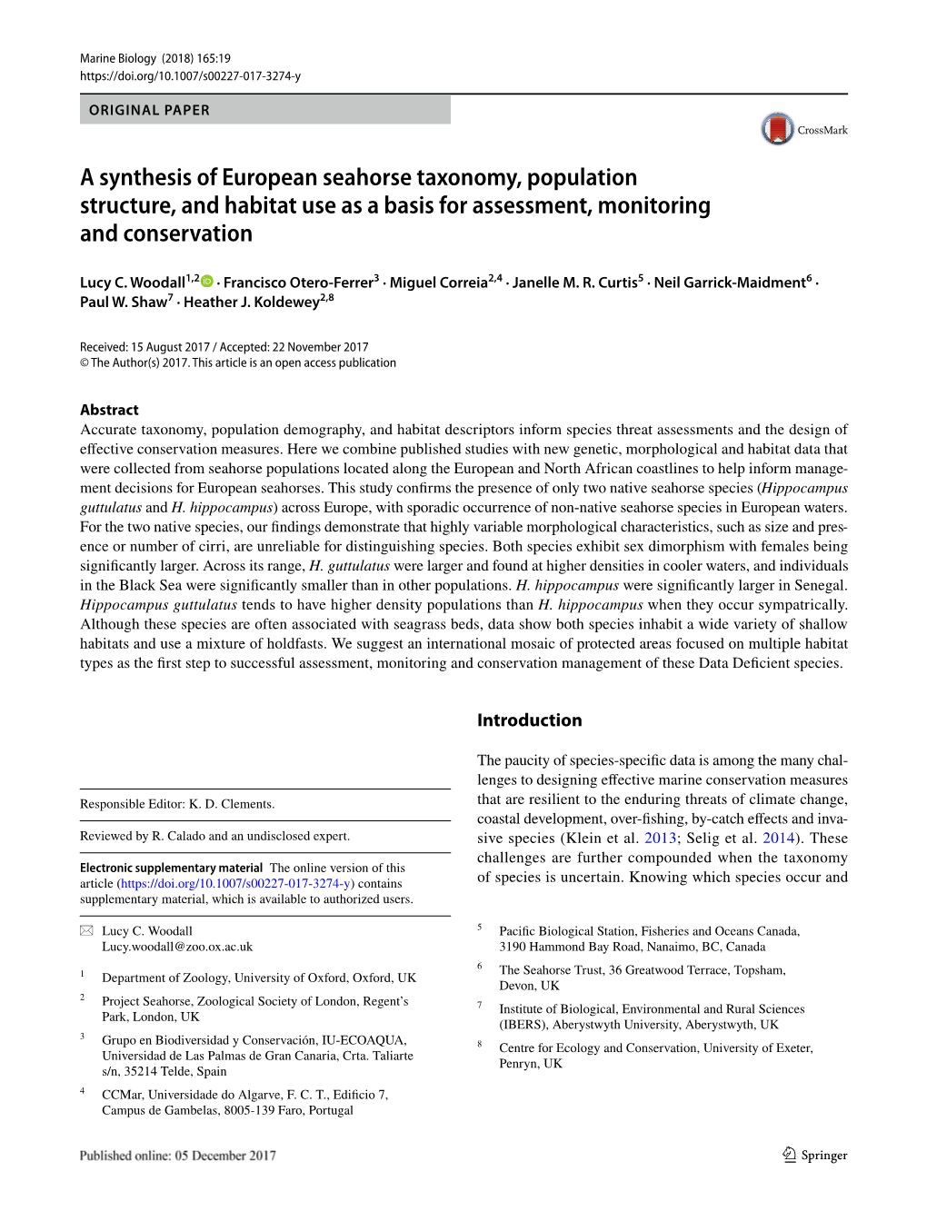 European Seahorse Taxonomy, Population Structure, and Habitat Use As a Basis for Assessment, Monitoring and Conservation