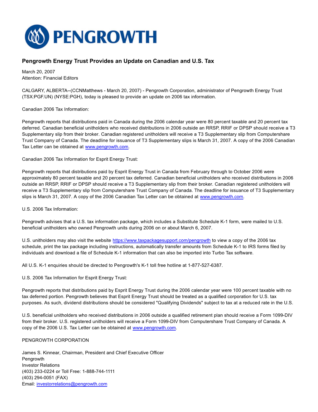 Pengrowth Energy Trust Provides an Update on Canadian and U.S. Tax