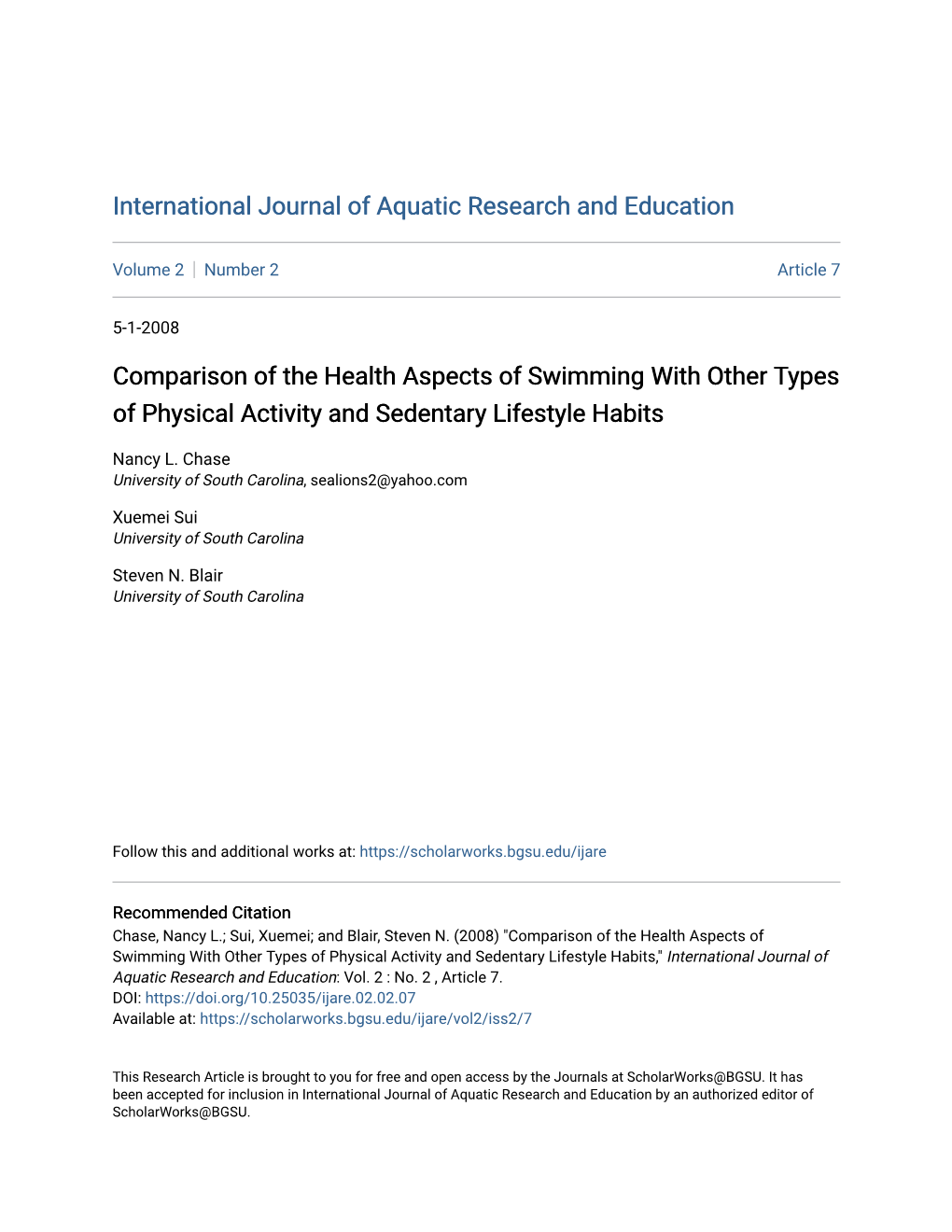 Comparison of the Health Aspects of Swimming with Other Types of Physical Activity and Sedentary Lifestyle Habits