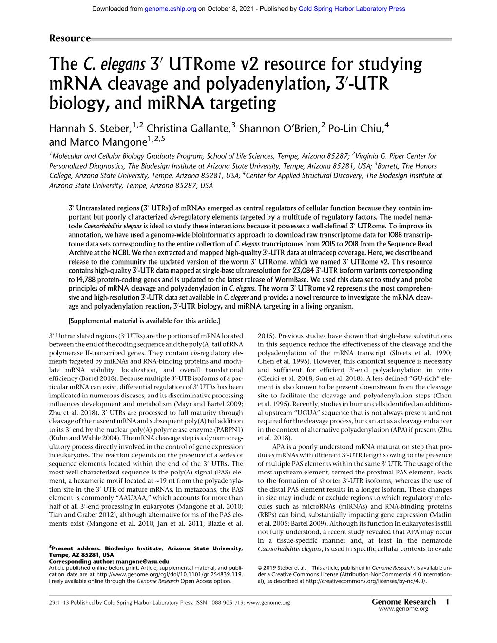 The C. Elegans 3′ Utrome V2 Resource for Studying Mrna Cleavage and Polyadenylation, 3′-UTR Biology, and Mirna Targeting