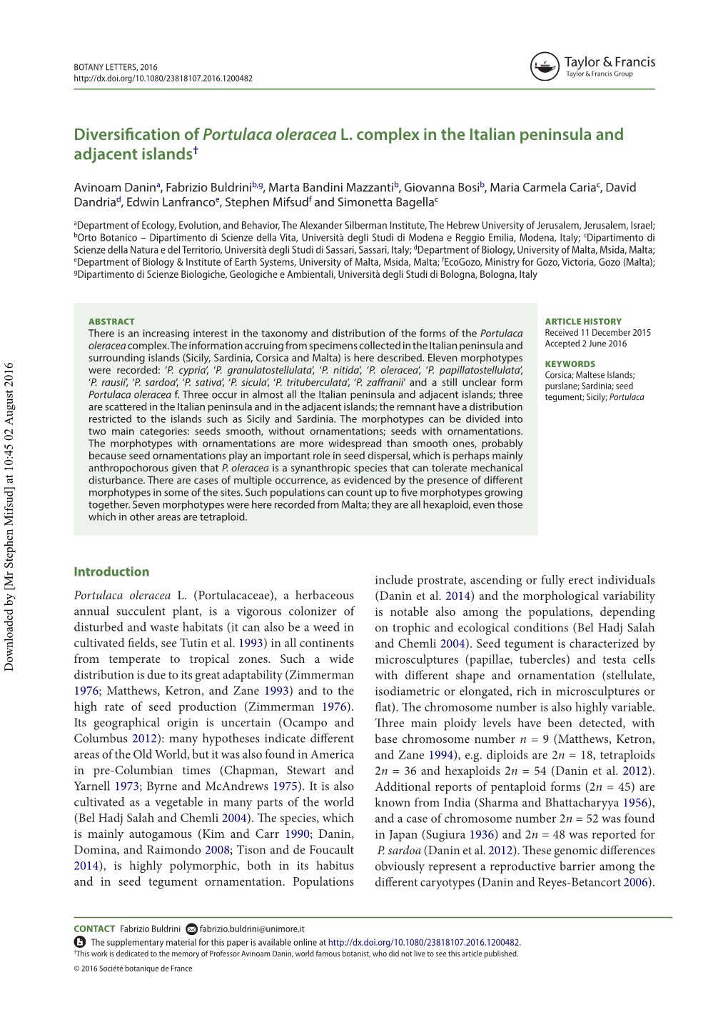 Diversification of Portulaca Oleracea L. Complex in the Italian Peninsula and Adjacent Islands†