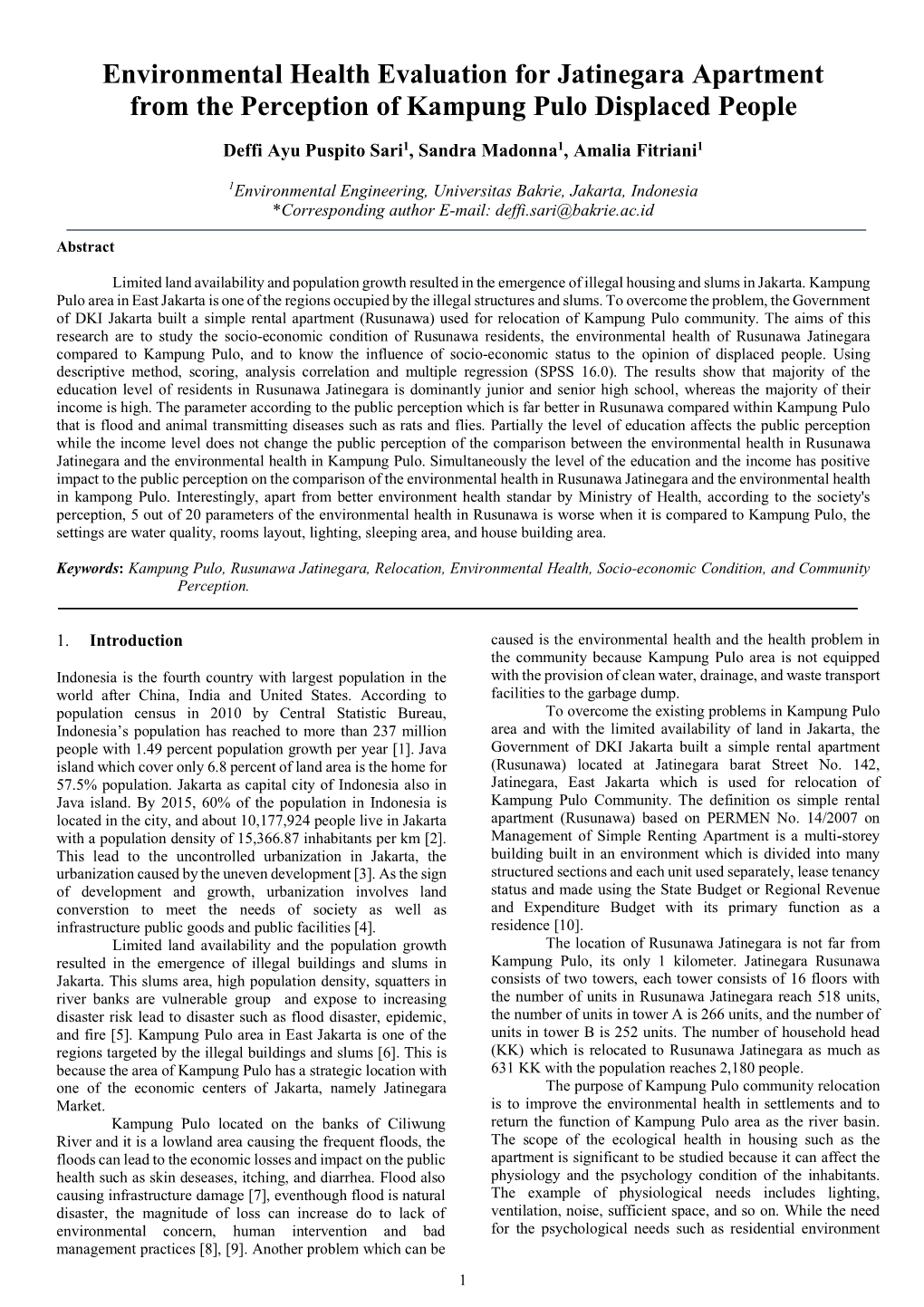 Environmental Health Evaluation for Jatinegara Apartment from the Perception of Kampung Pulo Displaced People