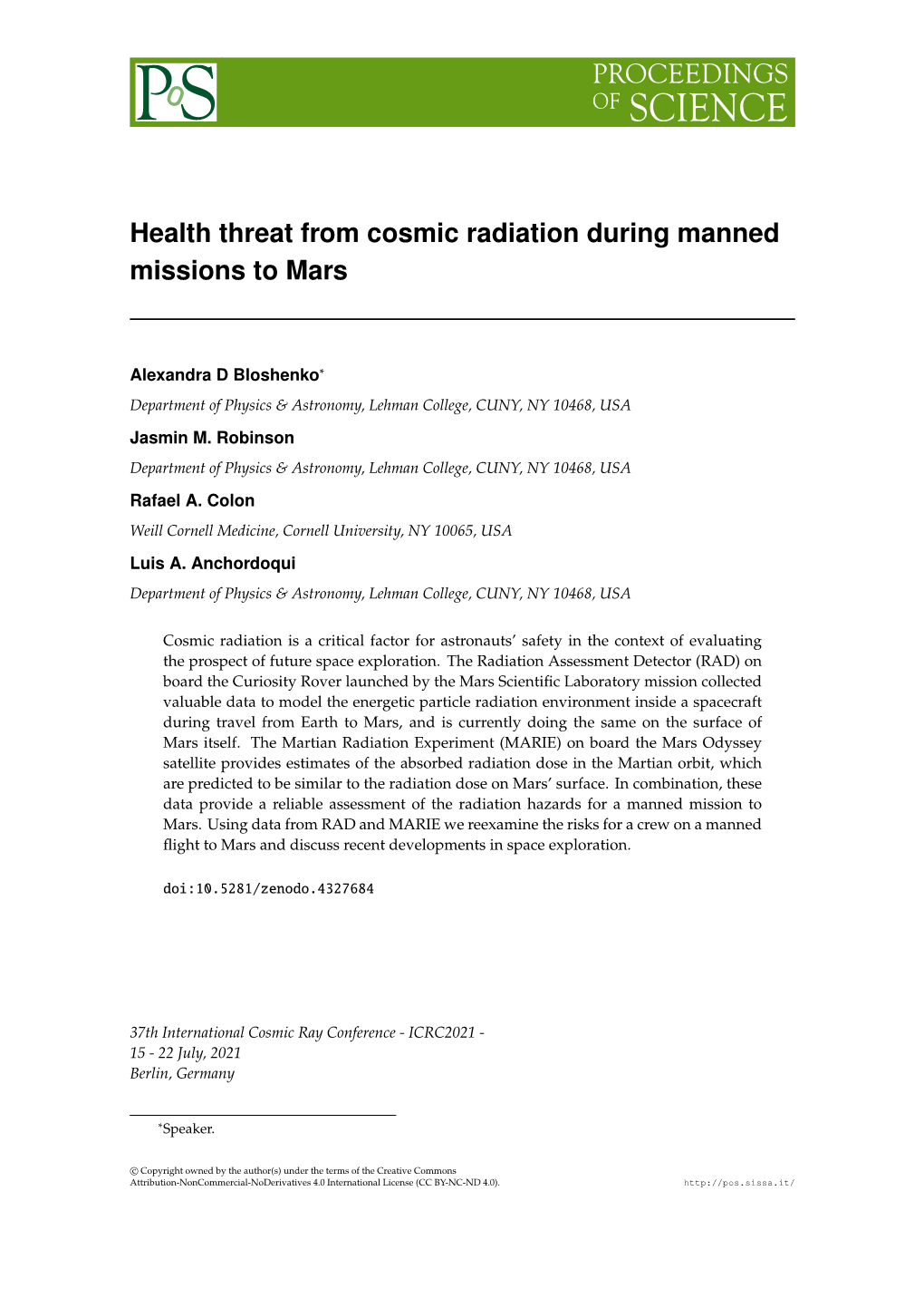 Health Threat from Cosmic Radiation During Manned Missions to Mars