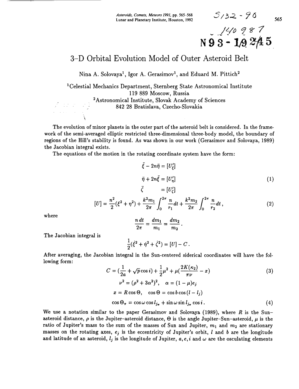 N98- Z 5 3-D Orbital Evolution Model of Outer Asteroid Belt