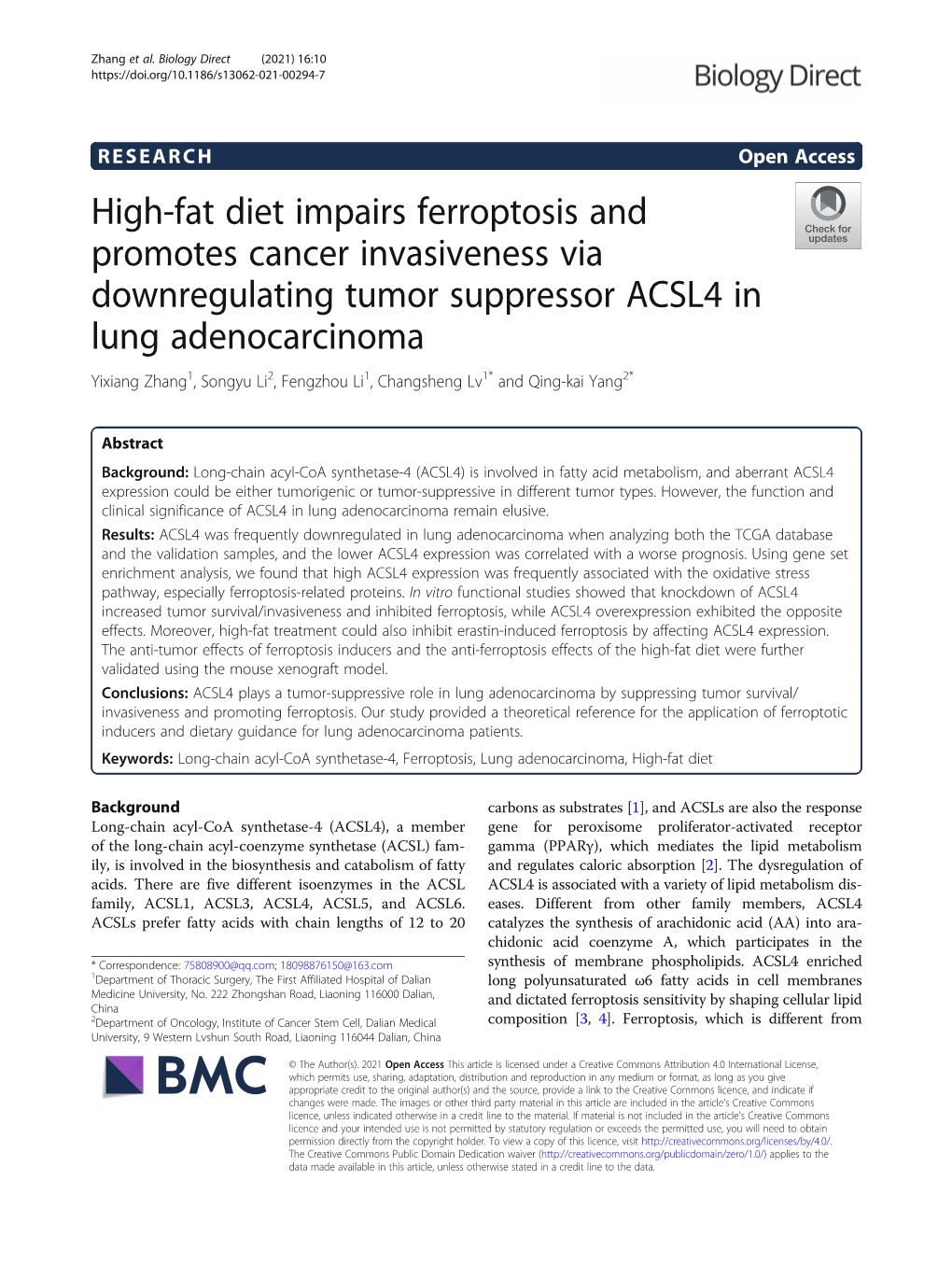 High-Fat Diet Impairs Ferroptosis and Promotes Cancer Invasiveness Via Downregulating Tumor Suppressor ACSL4 in Lung Adenocarcin