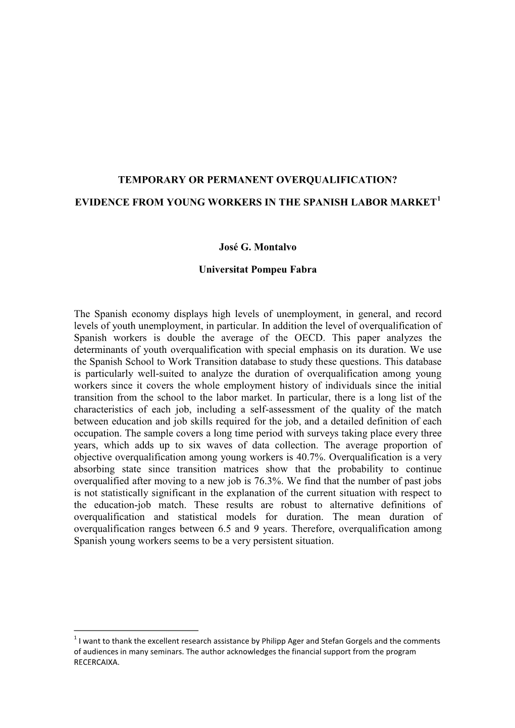 Evidence from Young Workers in the Spanish Labor Market1