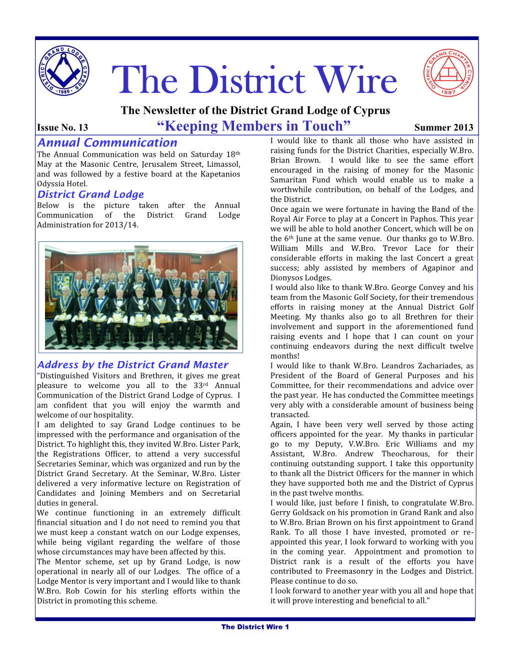 The District Wire the Newsletter of the District Grand Lodge of Cyprus Issue No
