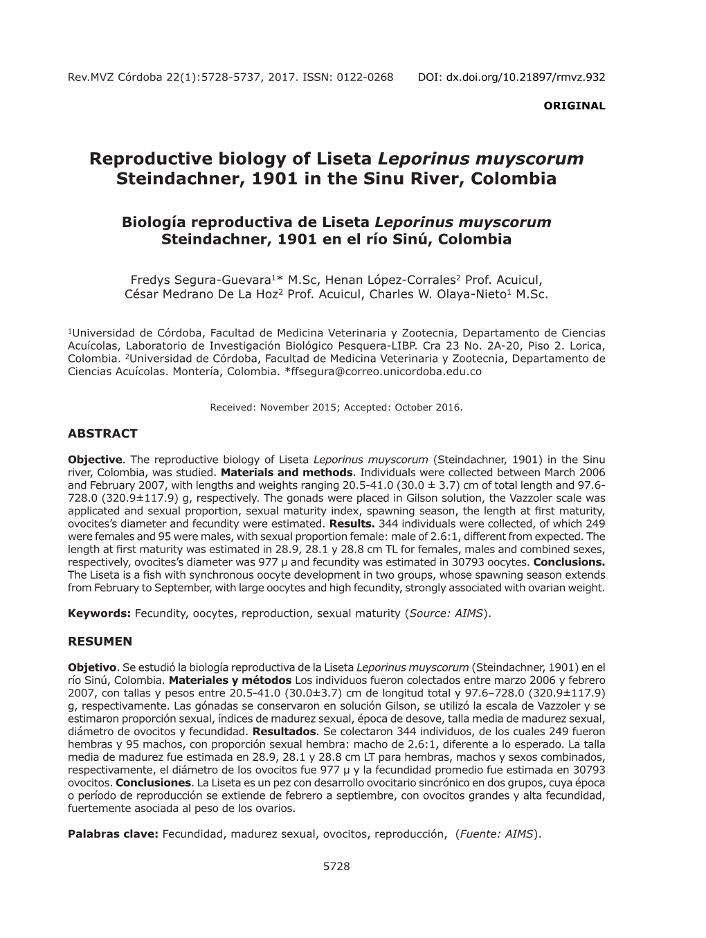 Reproductive Biology of Liseta Leporinus Muyscorum Steindachner, 1901 in the Sinu River, Colombia