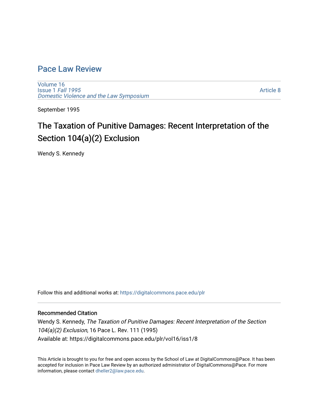 The Taxation of Punitive Damages: Recent Interpretation of the Section 104(A)(2) Exclusion