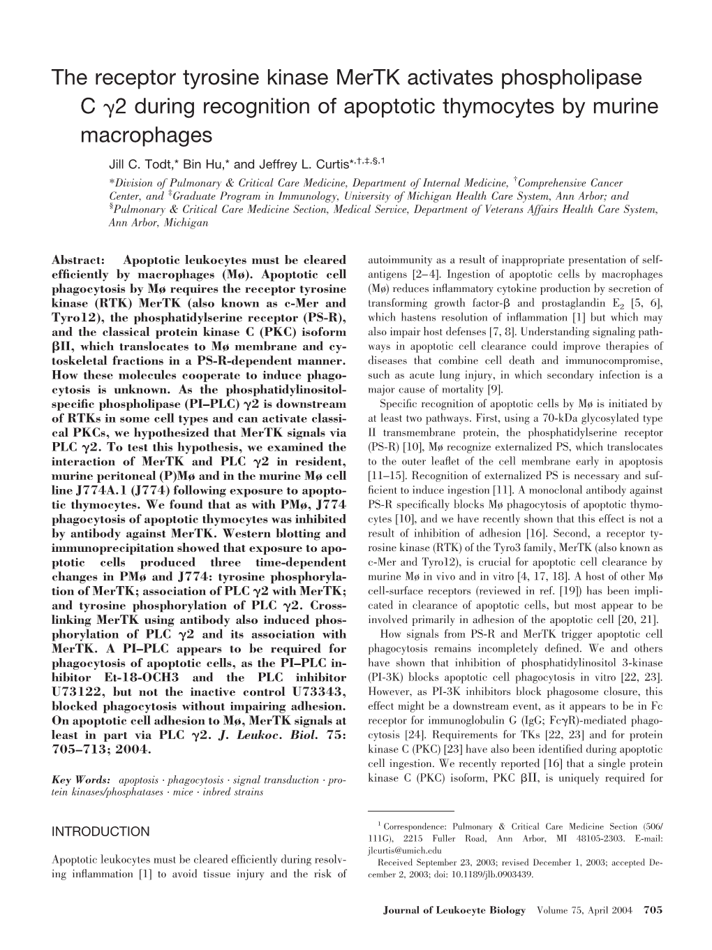 The Receptor Tyrosine Kinase Mertk Activates Phospholipase C &#X03b3
