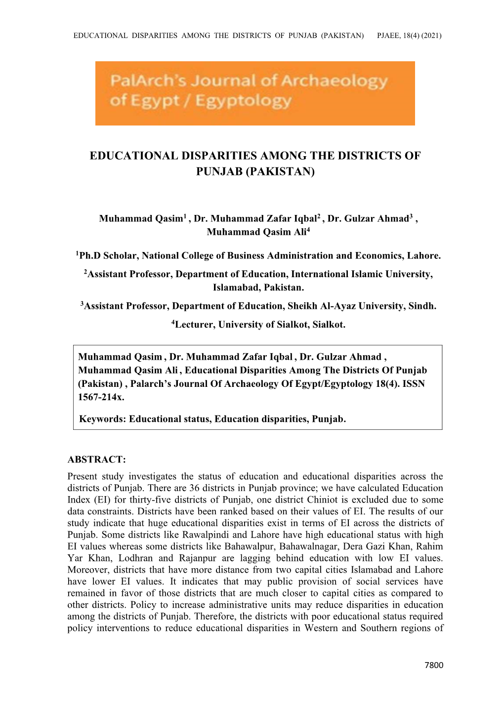 Educational Disparities Among the Districts of Punjab (Pakistan) Pjaee, 18(4) (2021)