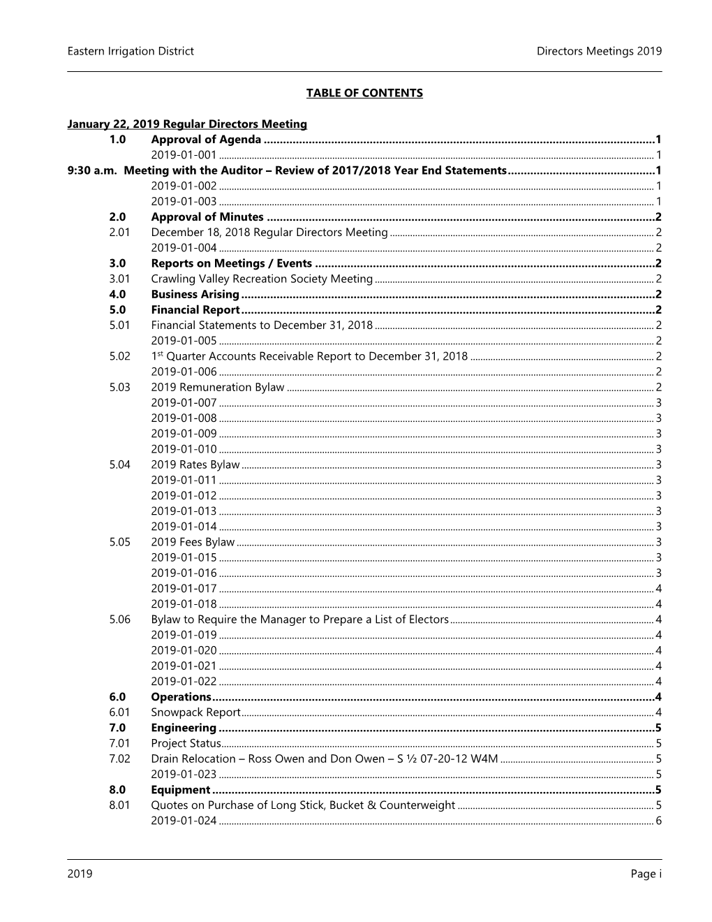 Eastern Irrigation District Directors Meetings 2019 2019 Page I TABLE of CONTENTS January 22, 2019 Regular Directors Meeting