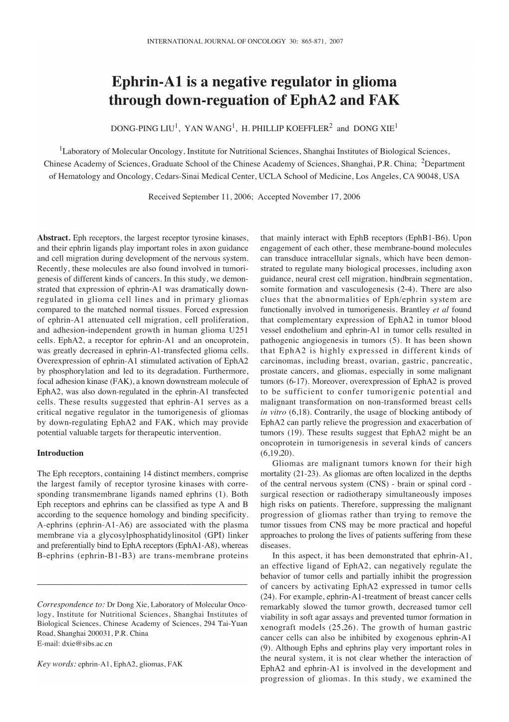 Ephrin-A1 Is a Negative Regulator in Glioma Through Down-Reguation of Epha2 and FAK