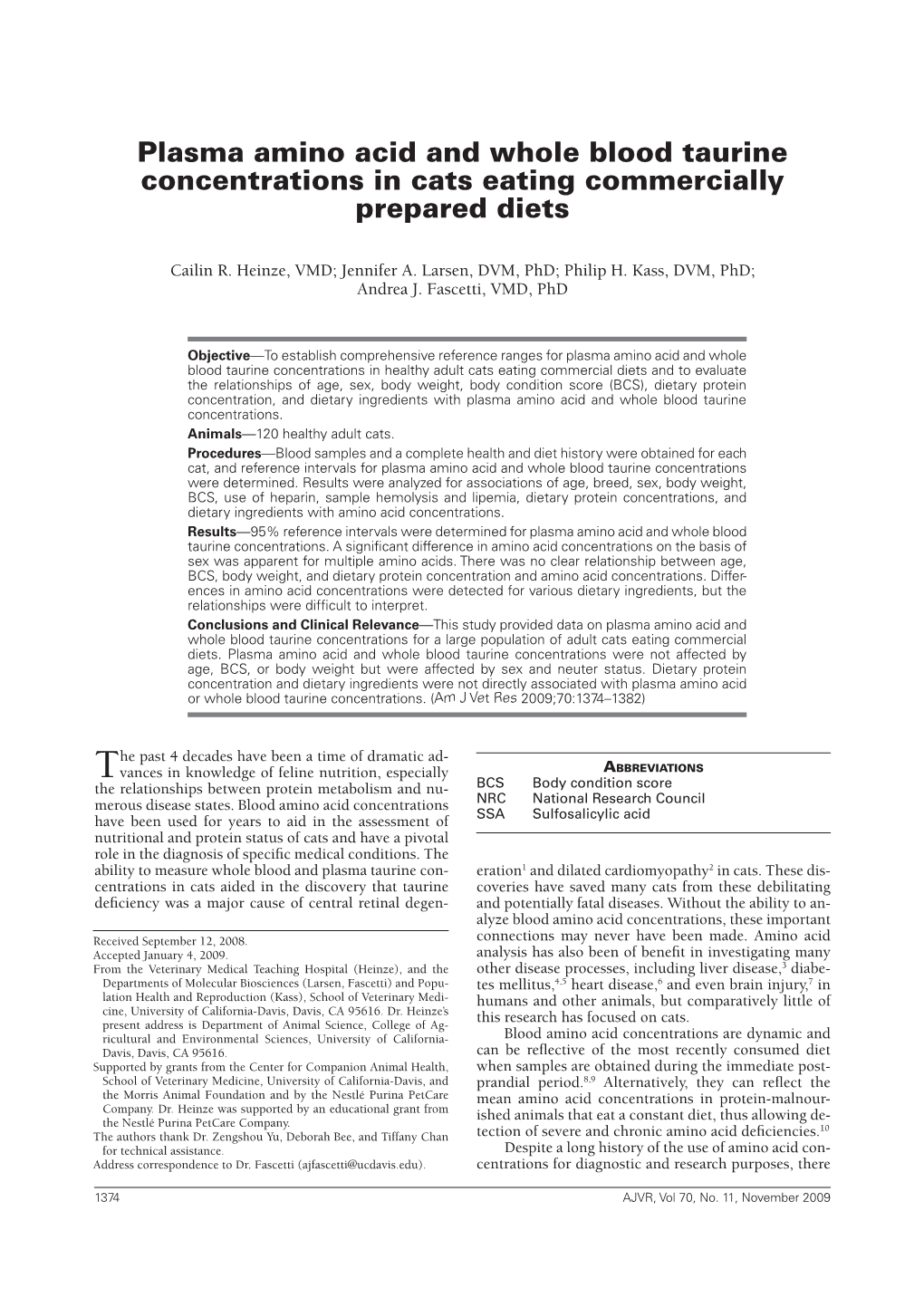 Plasma Amino Acid and Whole Blood Taurine Concentrations in Cats Eating Commercially Prepared Diets