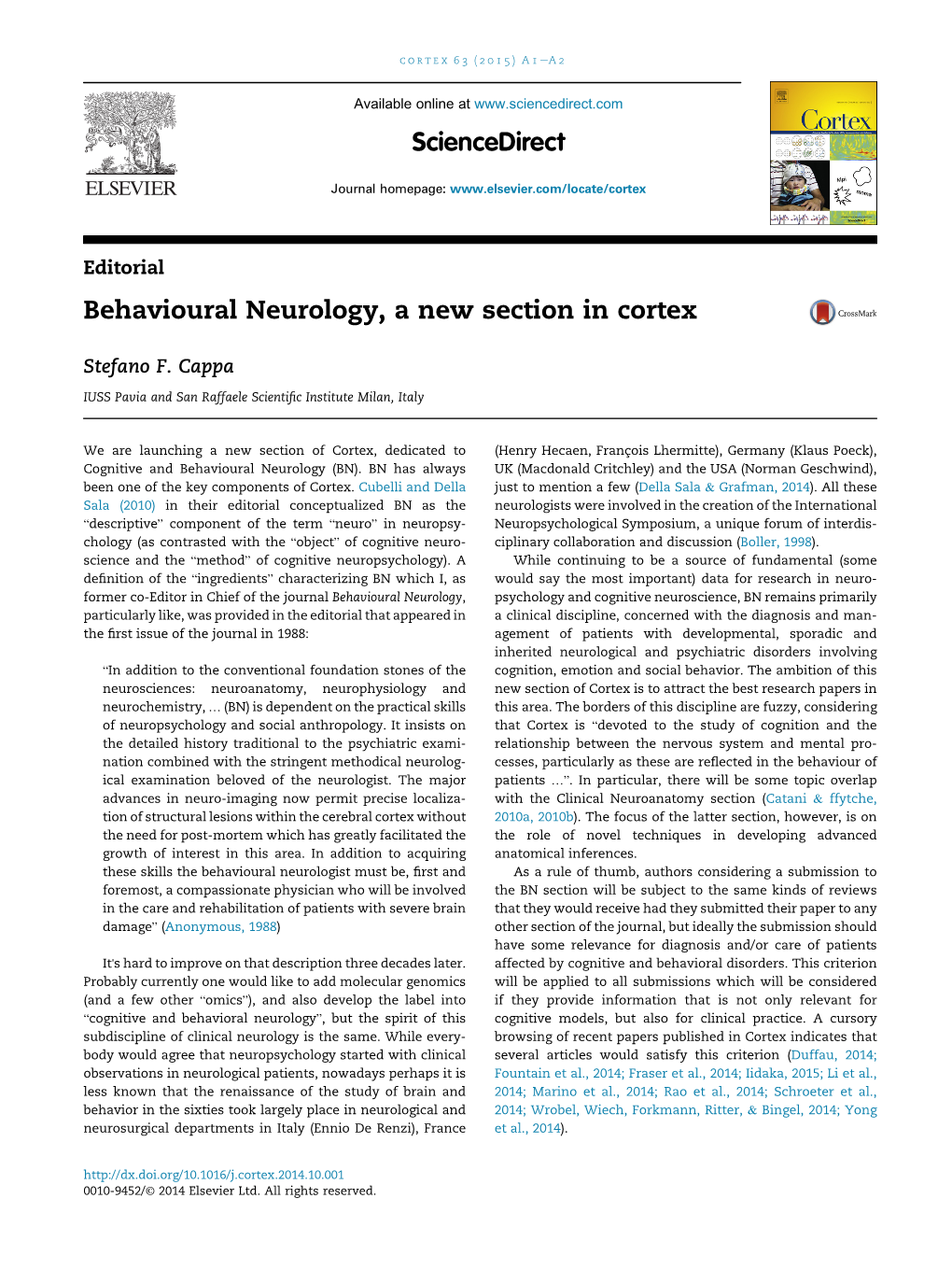 Behavioural Neurology, a New Section in Cortex