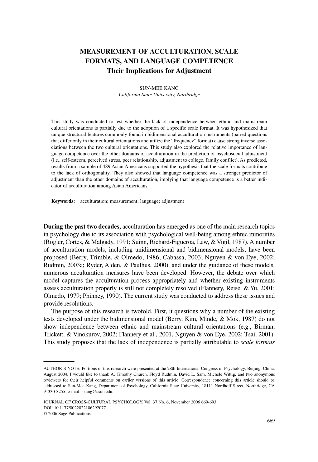 MEASUREMENT of ACCULTURATION, SCALE FORMATS, and LANGUAGE COMPETENCE Their Implications for Adjustment