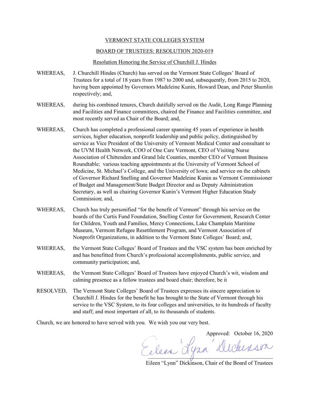 RESOLUTION 2020-019 Resolution Honoring the Service of Churchill J