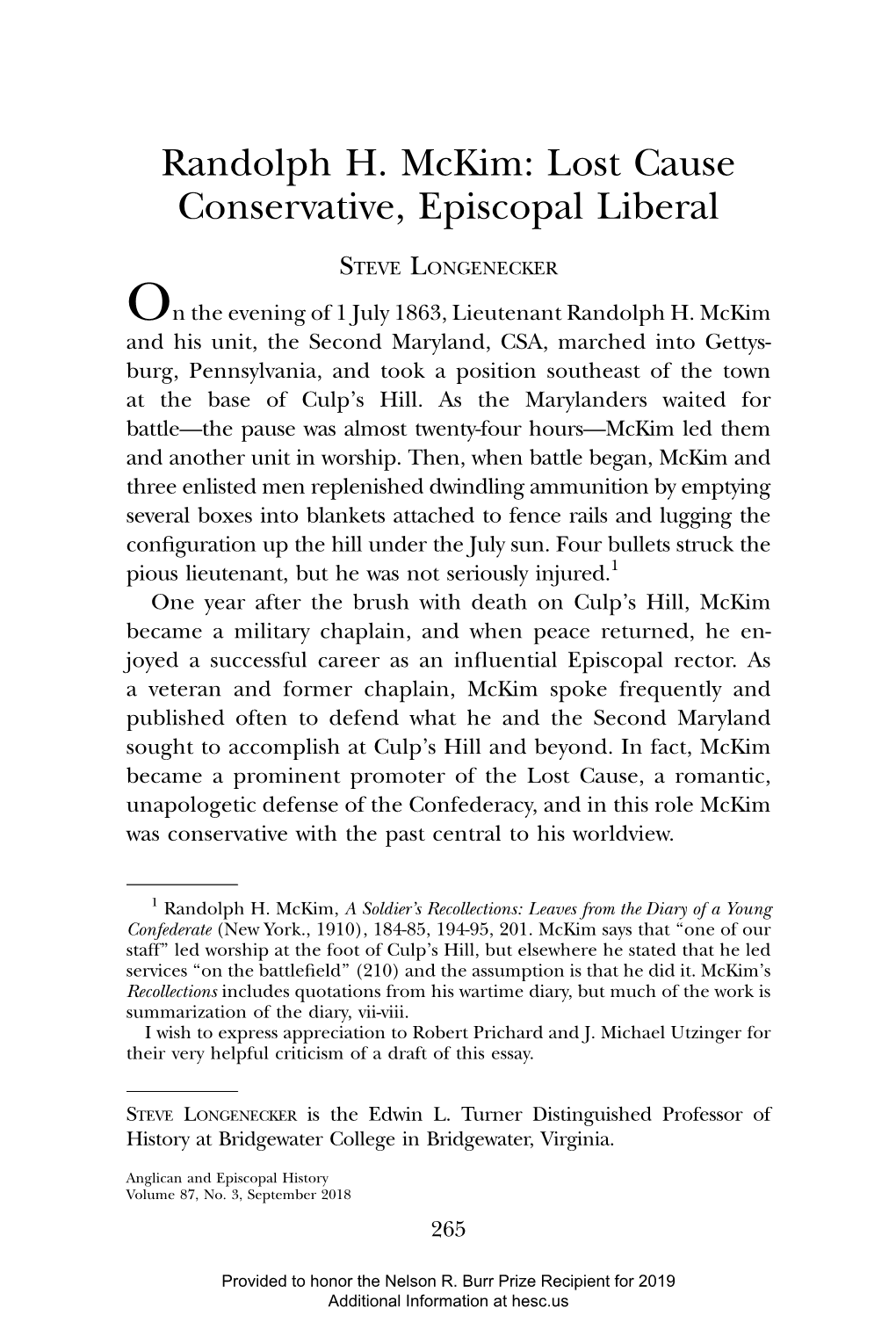 Randolph H. Mckim: Lost Cause Conservative, Episcopal Liberal