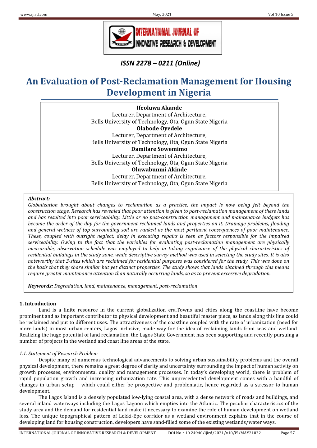 An Evaluation of Post-Reclamation Management for Housing Development in Nigeria