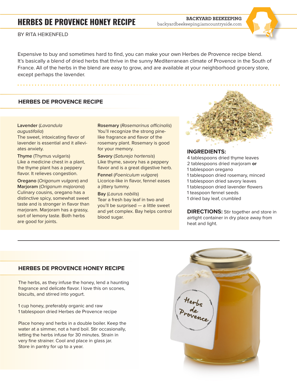 HERBES DE PROVENCE HONEY RECIPE Backyardbeekeeping.Iamcountryside.Com by RITA HEIKENFELD