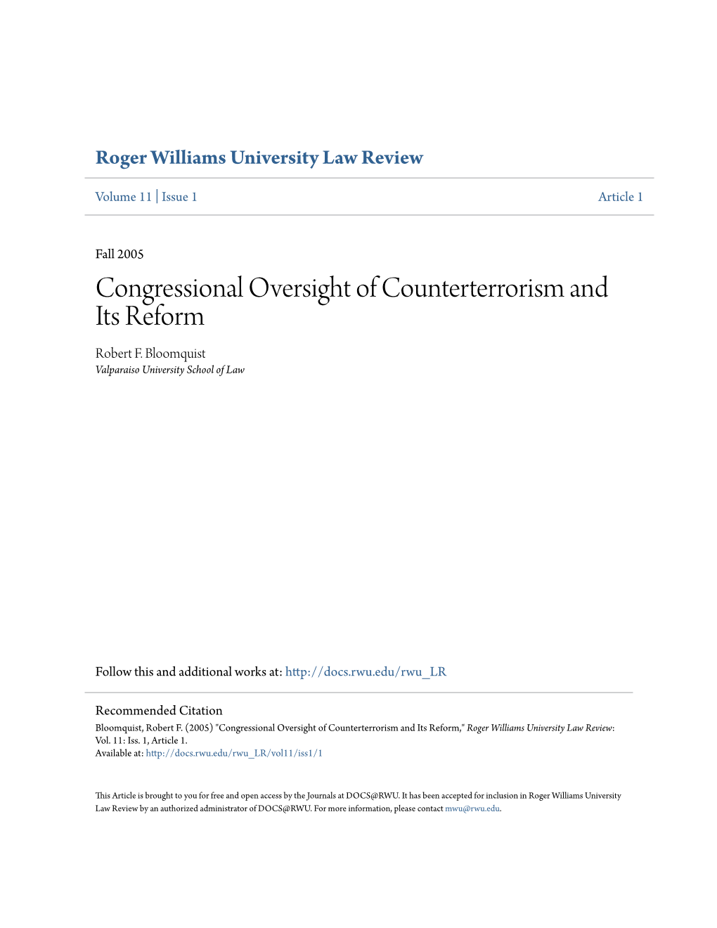 Congressional Oversight of Counterterrorism and Its Reform Robert F