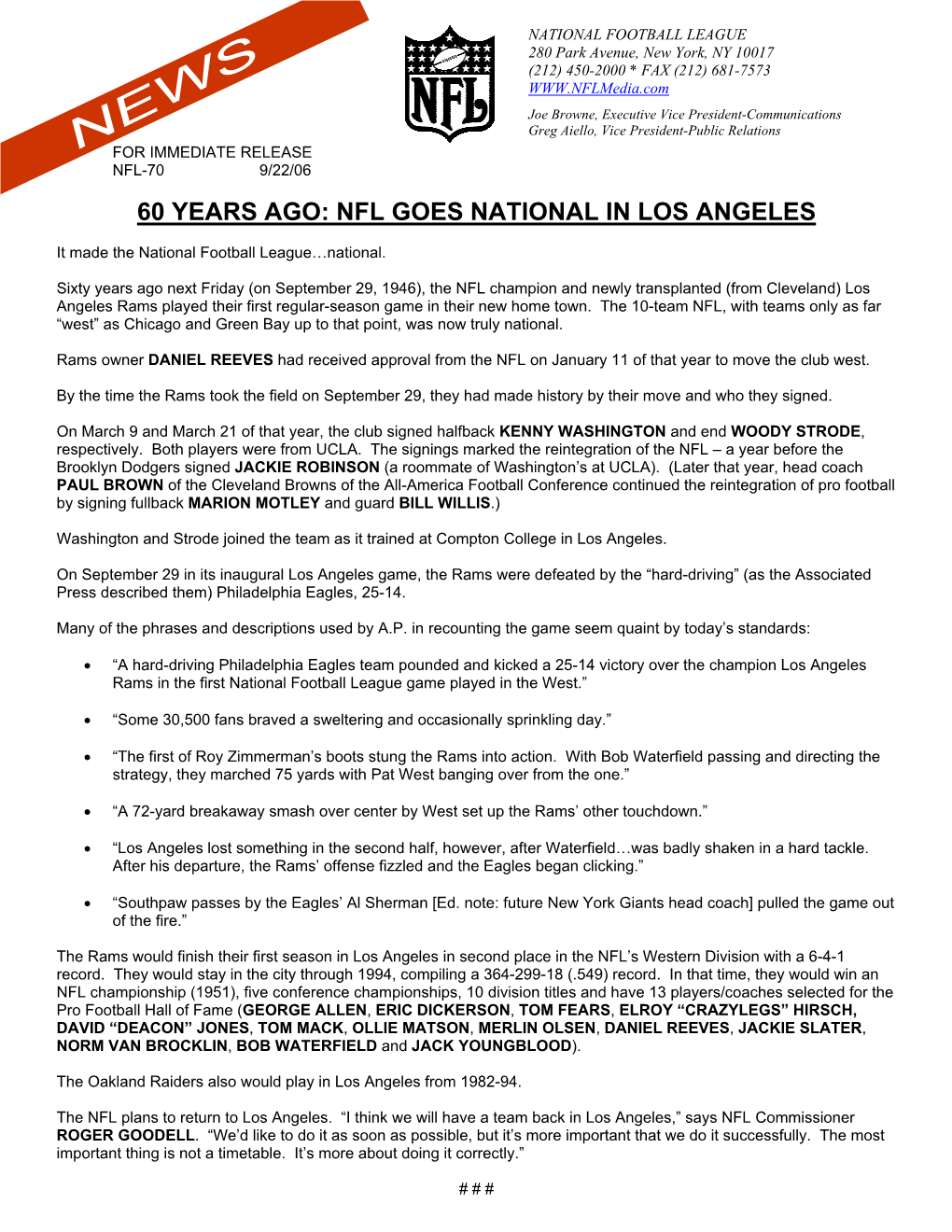 60 Years Ago: Nfl Goes National in Los Angeles