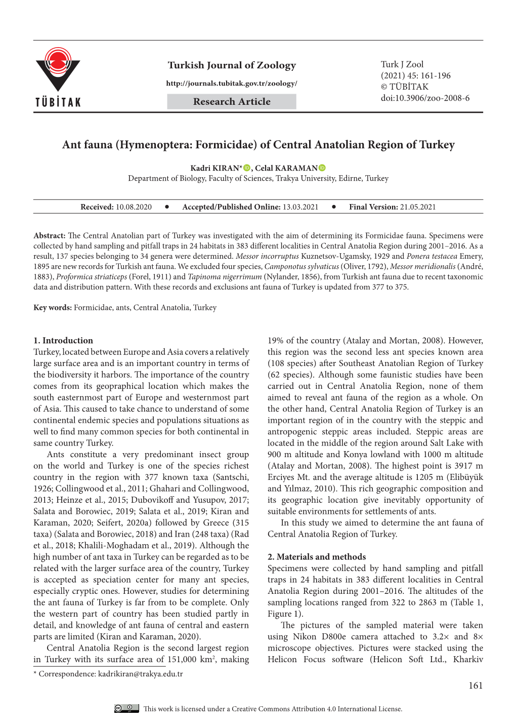 Ant Fauna (Hymenoptera: Formicidae) of Central Anatolian Region of Turkey